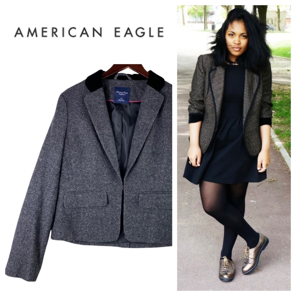 American Eagle Large 12 14 Jacket Blazer Coat Wool Blend Black Tweed Academia